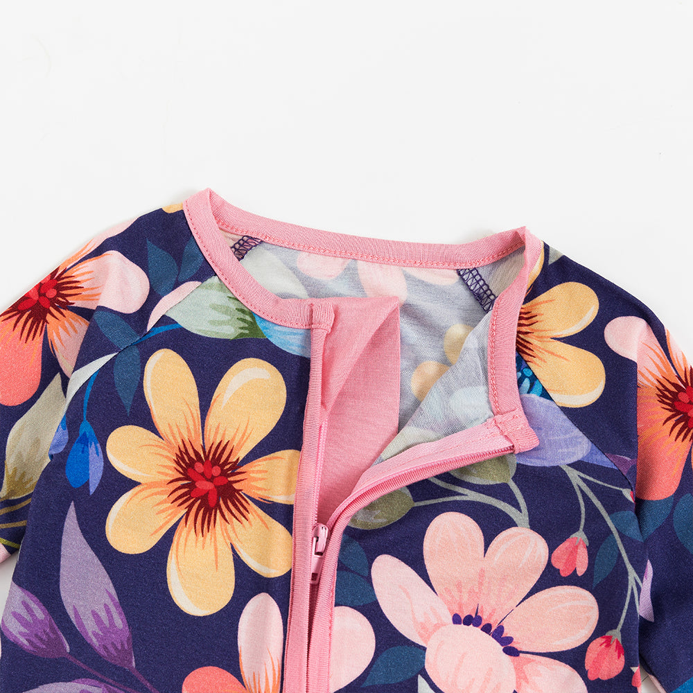 Colorful Flowers Leaves Baby Bamboo Zipper Romper Pajamas