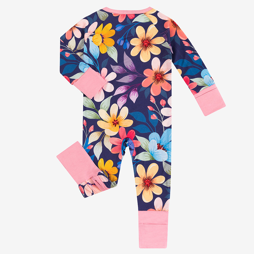 Colorful Flowers Leaves Baby Bamboo Zipper Romper Pajamas