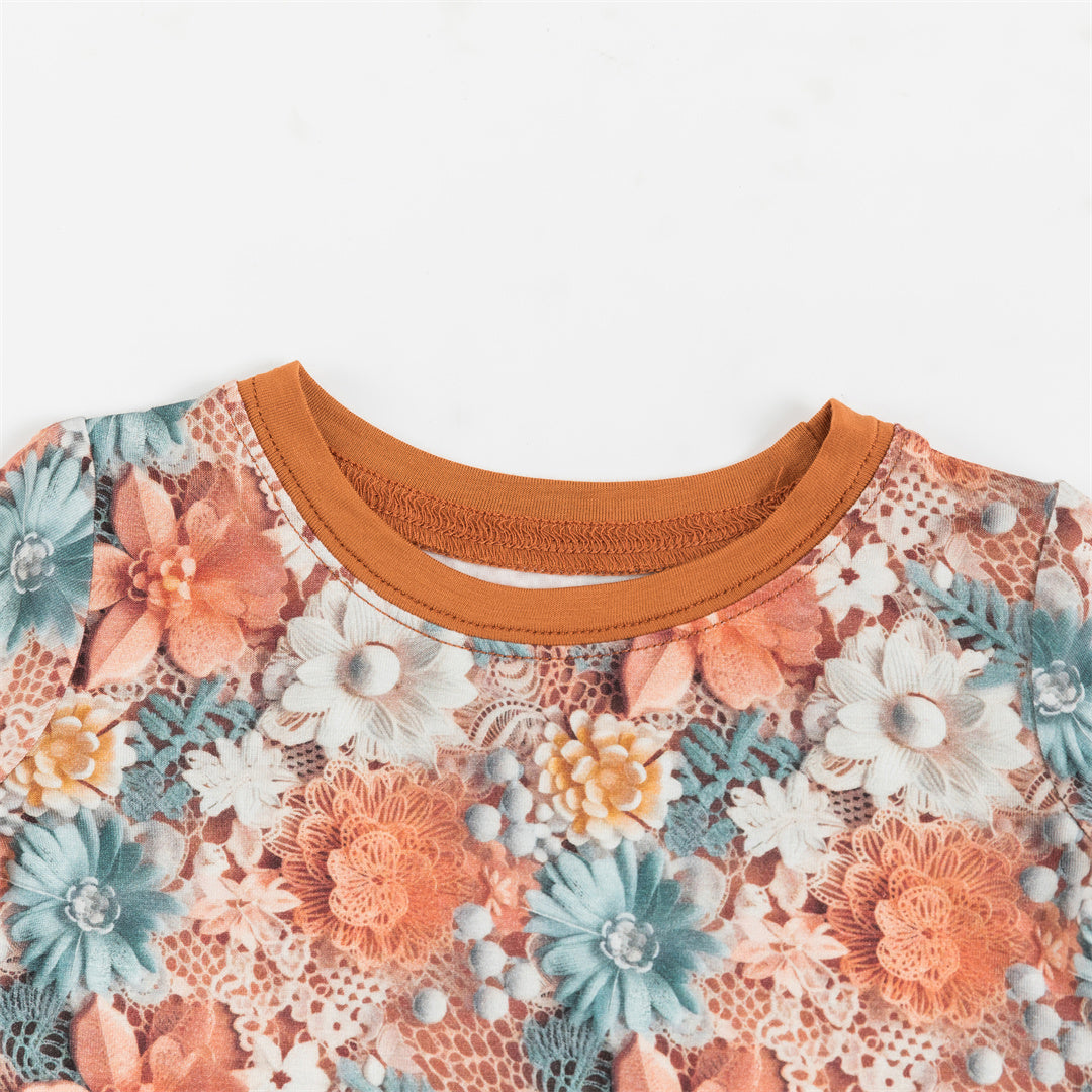 Orange Imitation 3D Flowers Bamboo Kid Two-Piece Pajama Set