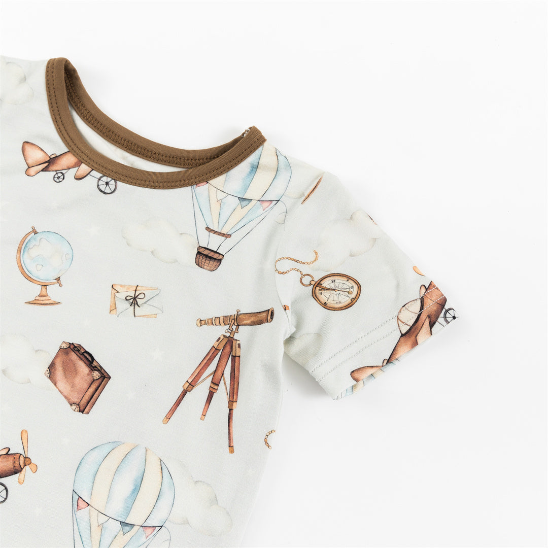 Vintage Airplane Telescope Short Sleeve Toddler Pajamas Set