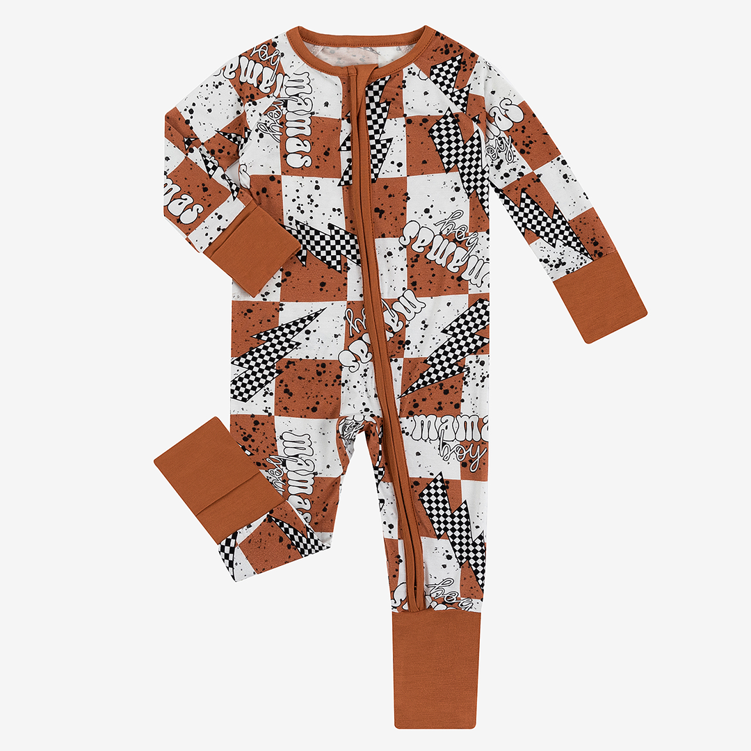 Pyjama zippé en bambou à carreaux et éclairs pour bébé