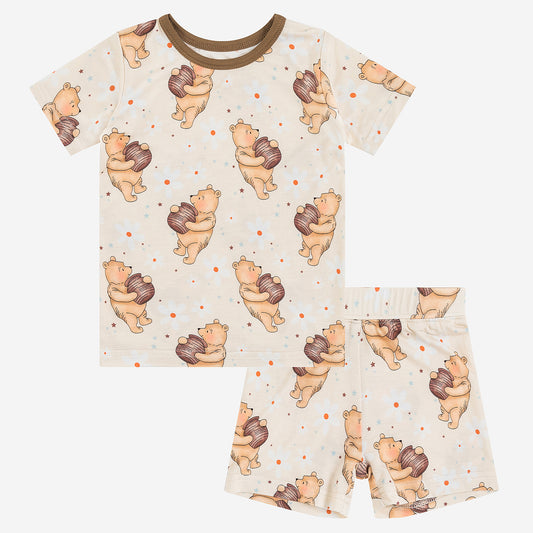 Cozy Beige Baby Bear Paw Print Bamboo Summer Pajama Shorts Set bamboo clothing design - baby apparel bamboo clothing with custom design - baby wear front view