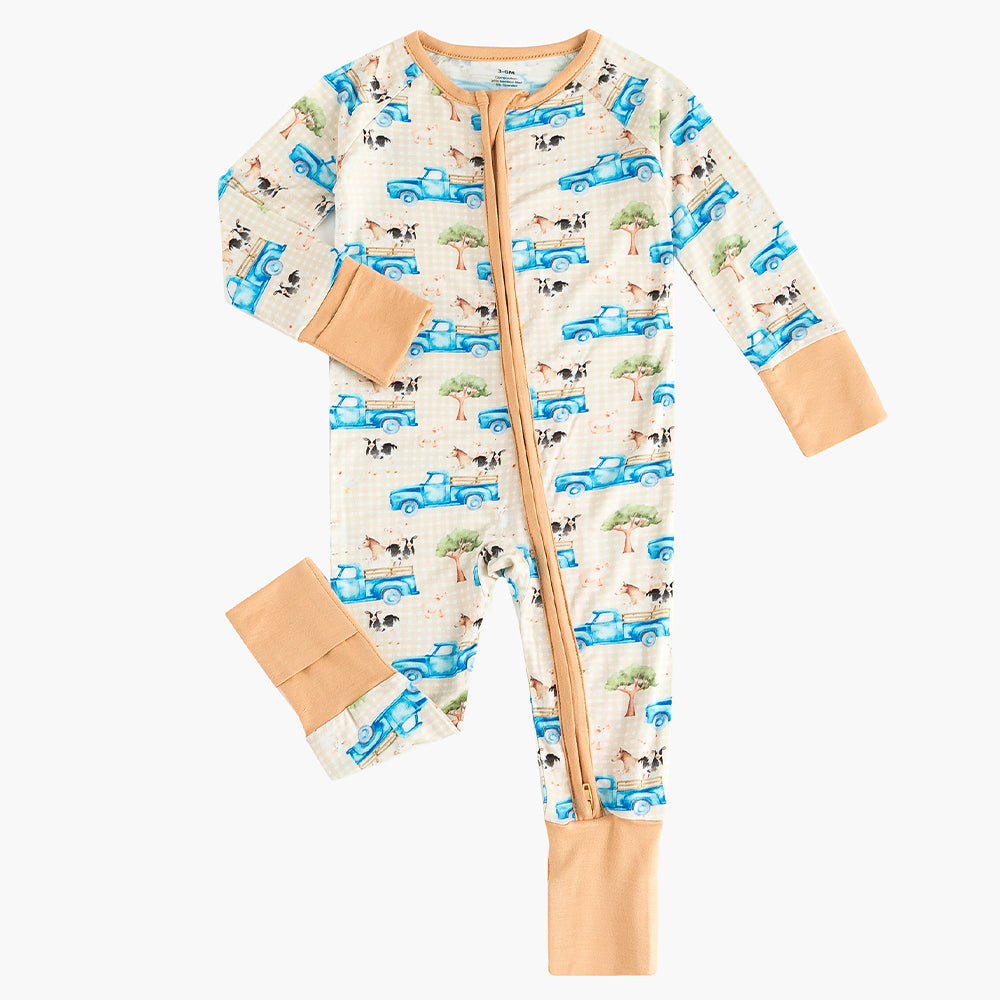 Blue Truck Animal Baby Bamboo Zipper Romper Pajamas