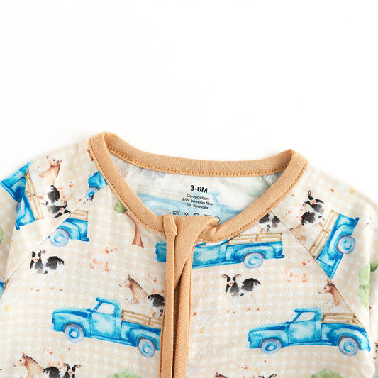Blue Truck Animal Baby Bamboo Zipper Romper Pajamas bamboo clothing design - baby apparel bamboo clothing with custom design - baby wear front view