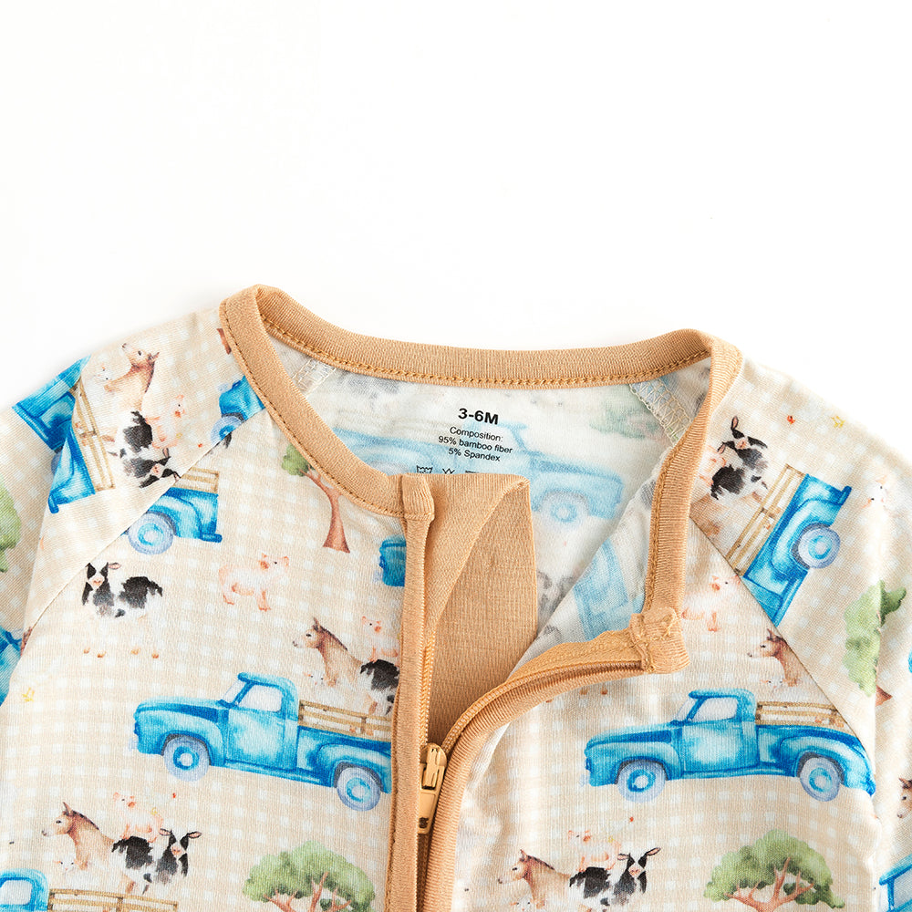 Blue Truck Animal Baby Bamboo Zipper Romper Pajamas