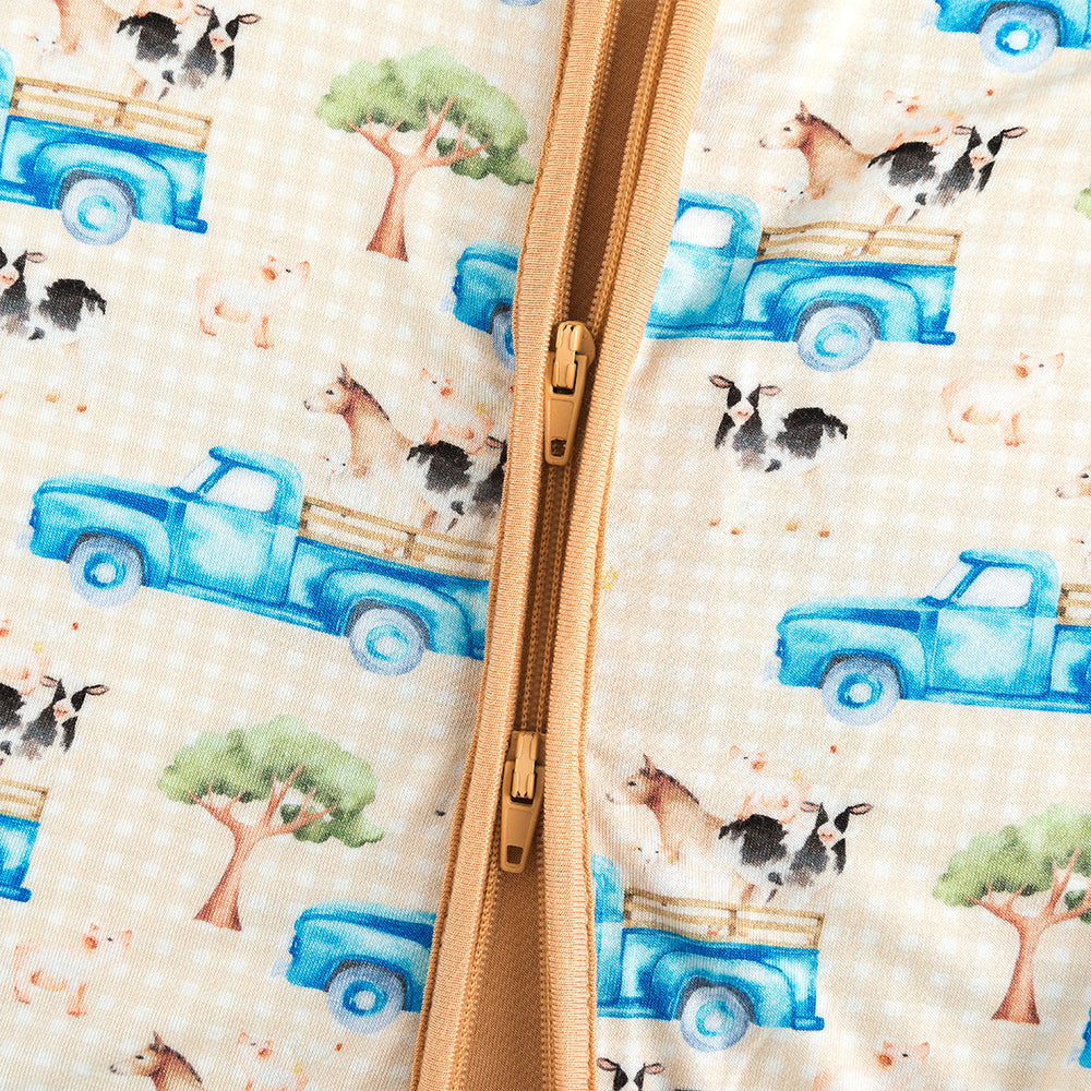 Blue Truck Animal Baby Bamboo Zipper Romper Pajamas