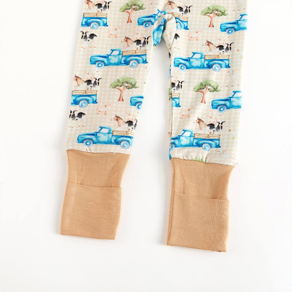Blue Truck Animal Baby Bamboo Zipper Romper Pajamas