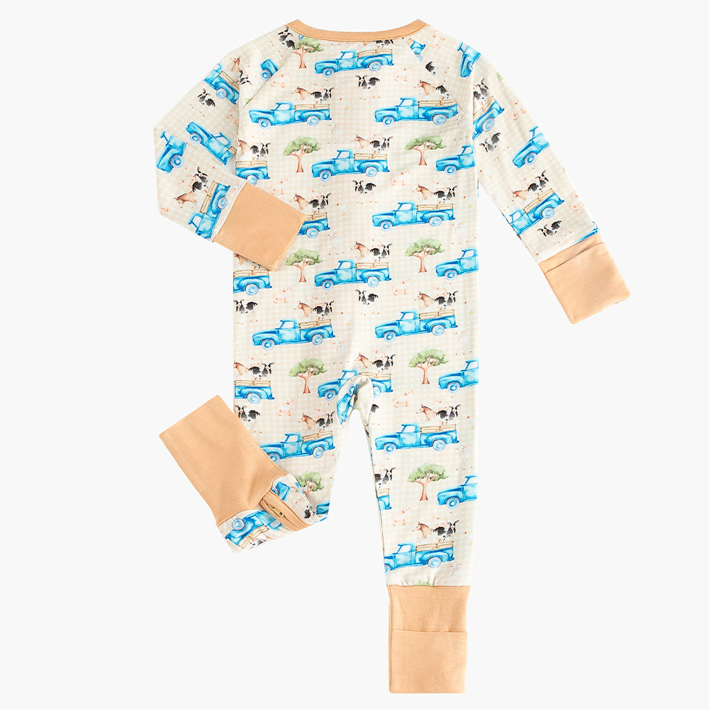 Blue Truck Animal Baby Bamboo Zipper Romper Pajamas