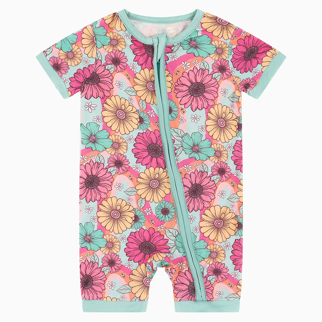 Pyjama court zippé en bambou coloré à fleurs pour bébé
