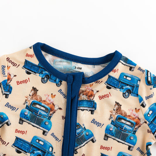 Animal Truck Blue Bamboo Zippy Baby Romper - MIOZING bamboo baby clothes