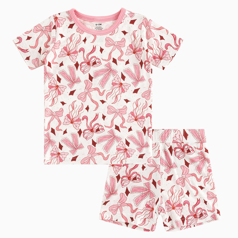Light Pink Bow Bamboo Shorts Kids Pajama Sets