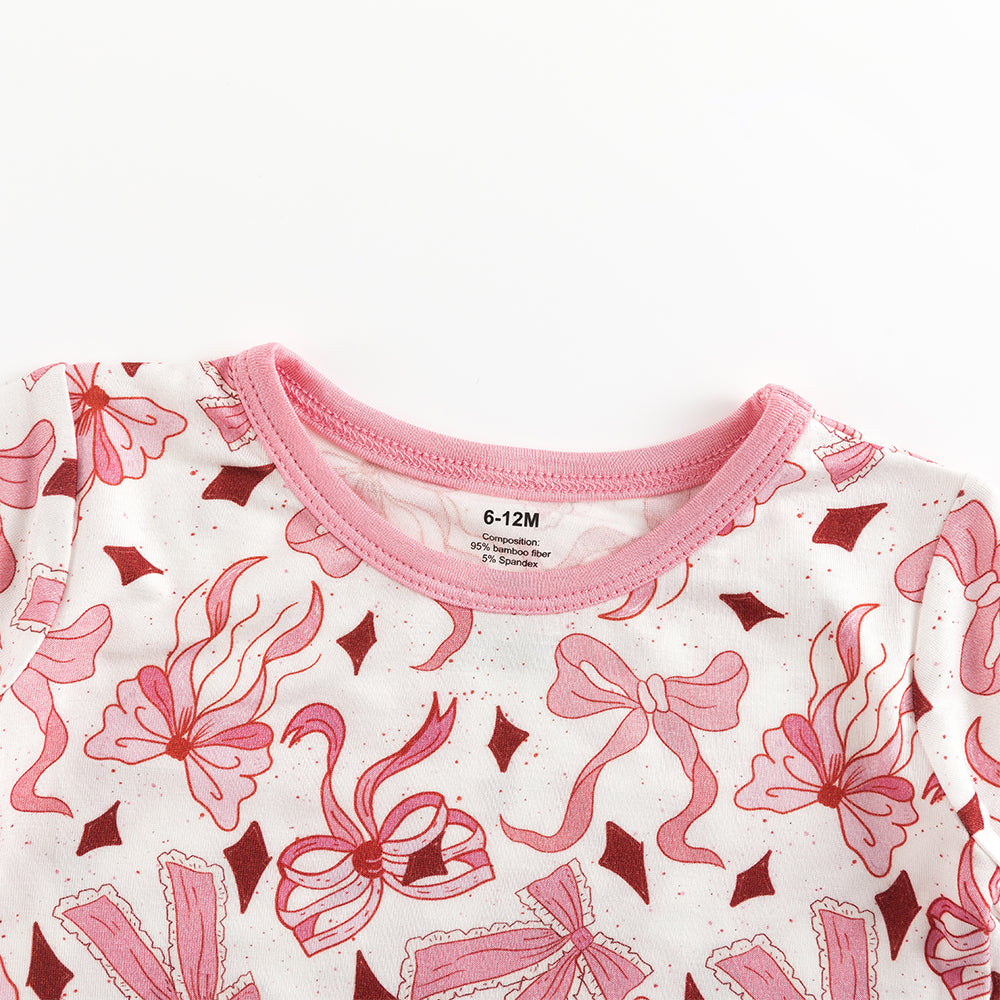 Light Pink Bow Bamboo Shorts Kids Pajama Sets