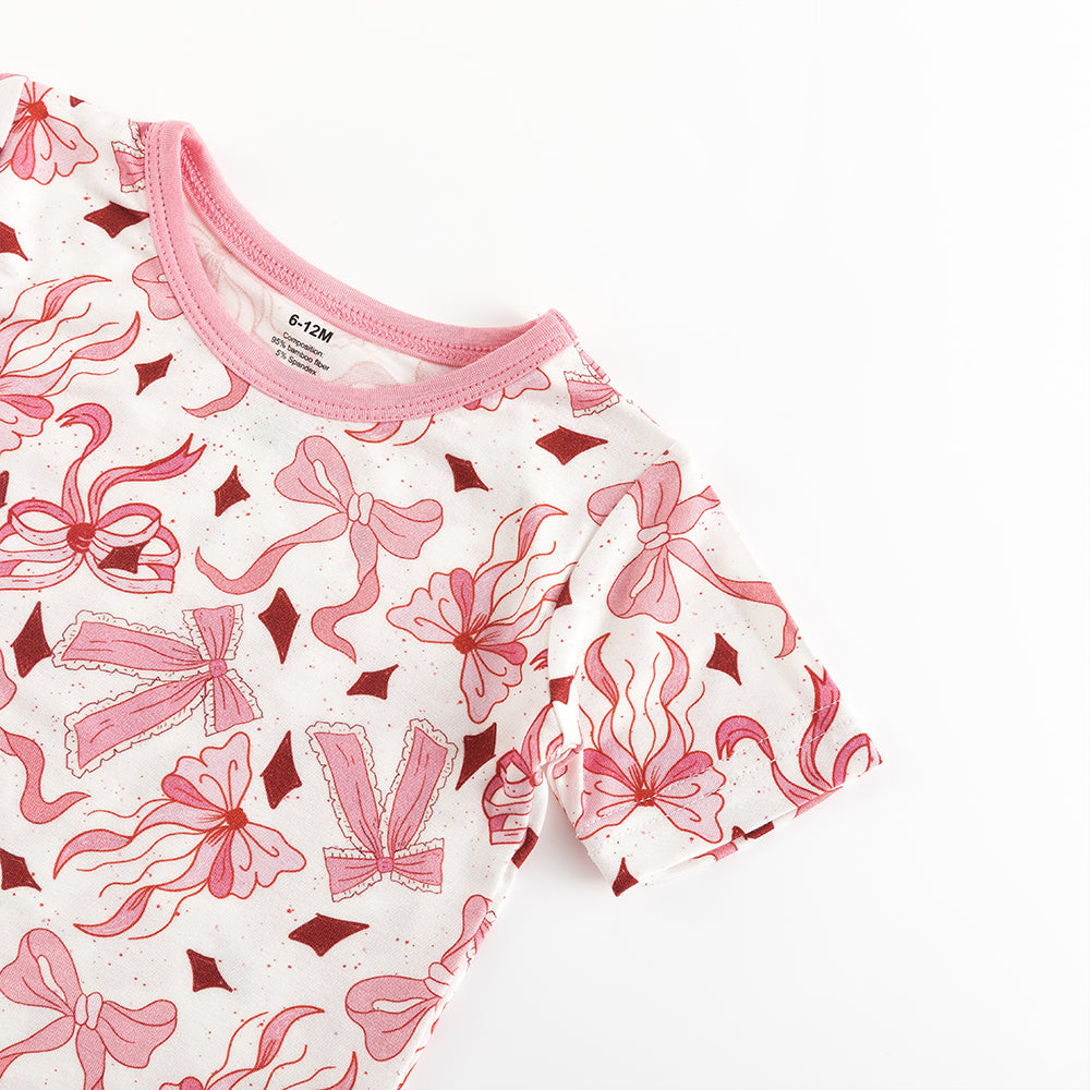 Light Pink Bow Bamboo Shorts Kids Pajama Sets