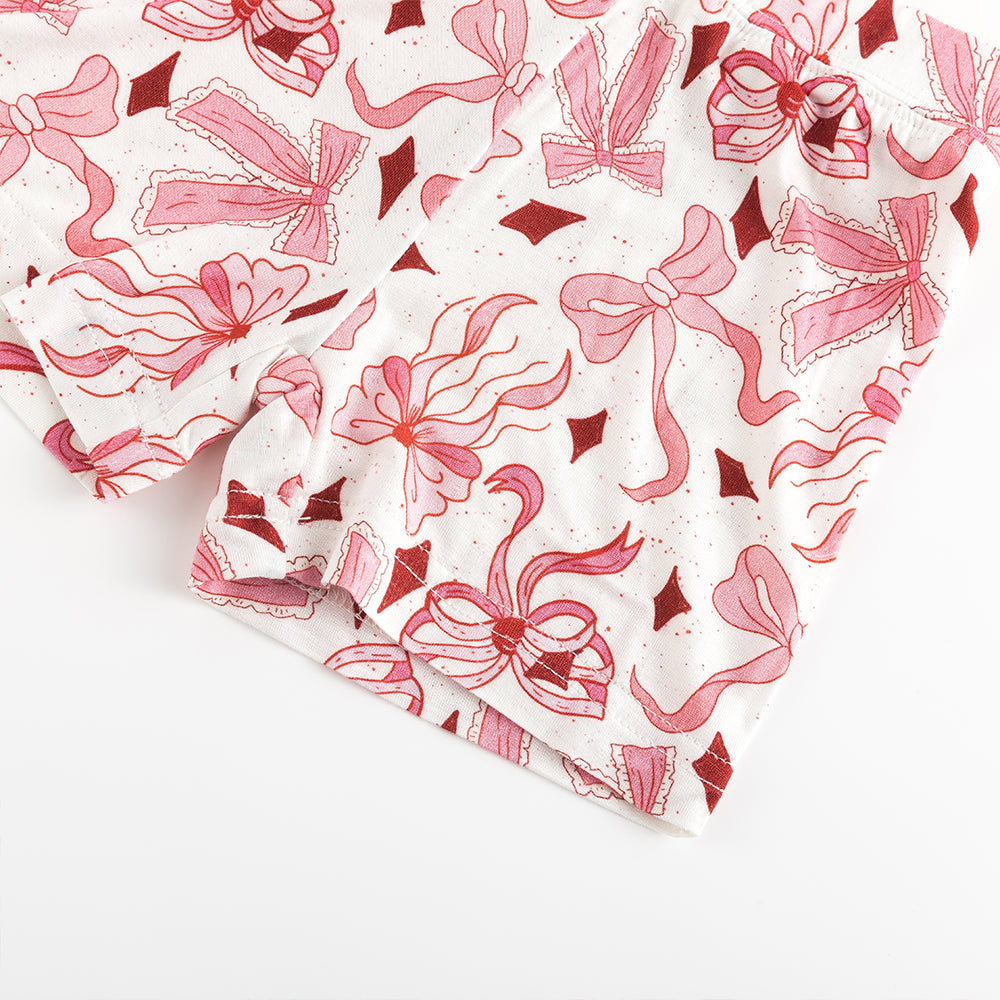 Light Pink Bow Bamboo Shorts Kids Pajama Sets