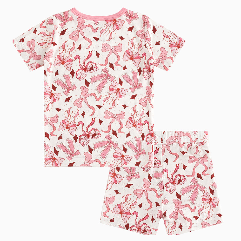 Light Pink Bow Bamboo Shorts Kids Pajama Sets
