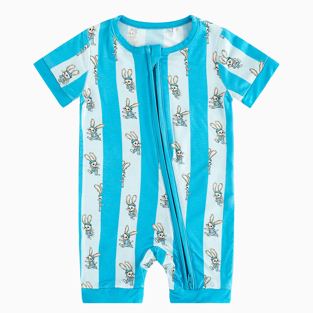 Striped Bunny Blue Short Bamboo Zippy Baby Romper