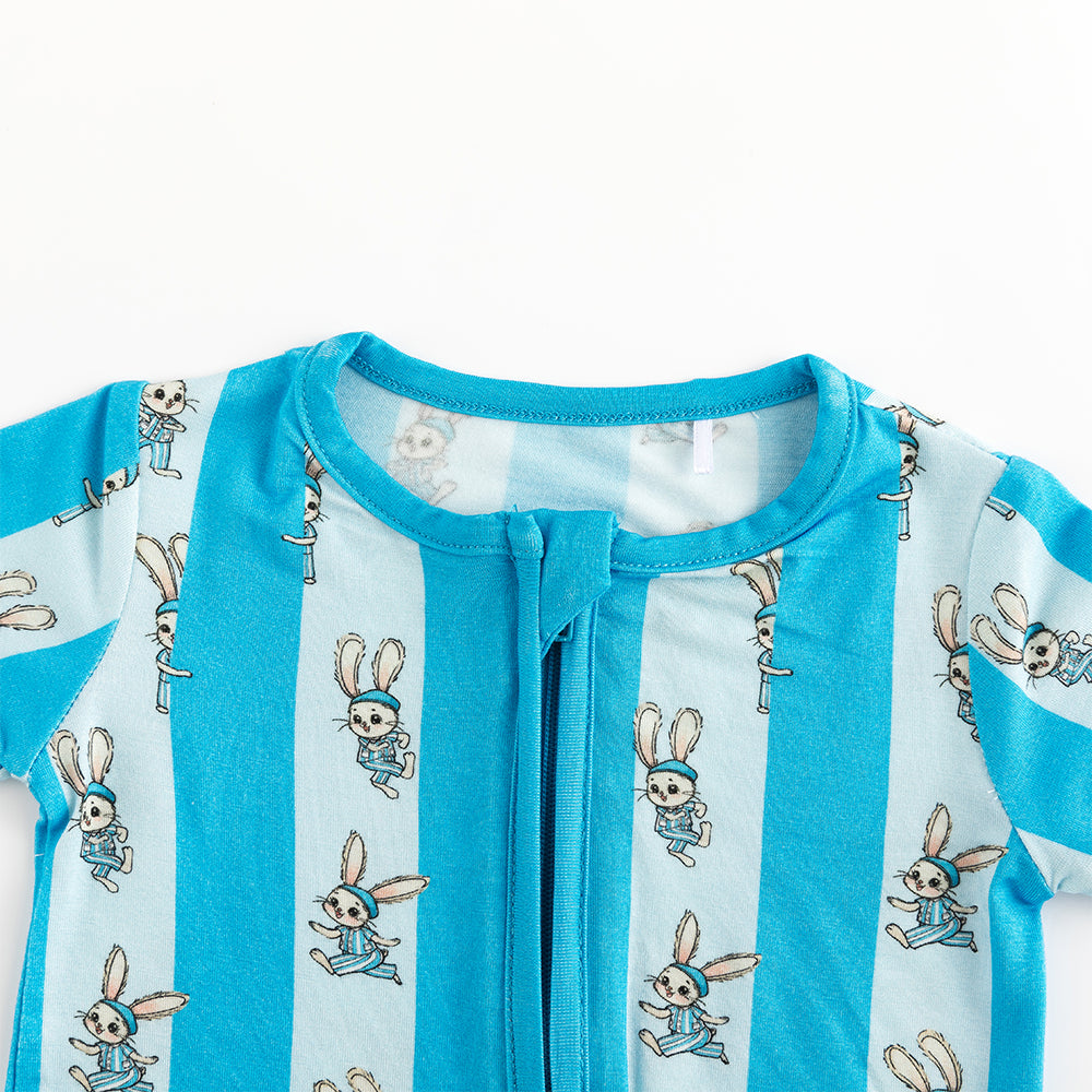 Striped Bunny Blue Short Bamboo Zippy Baby Romper