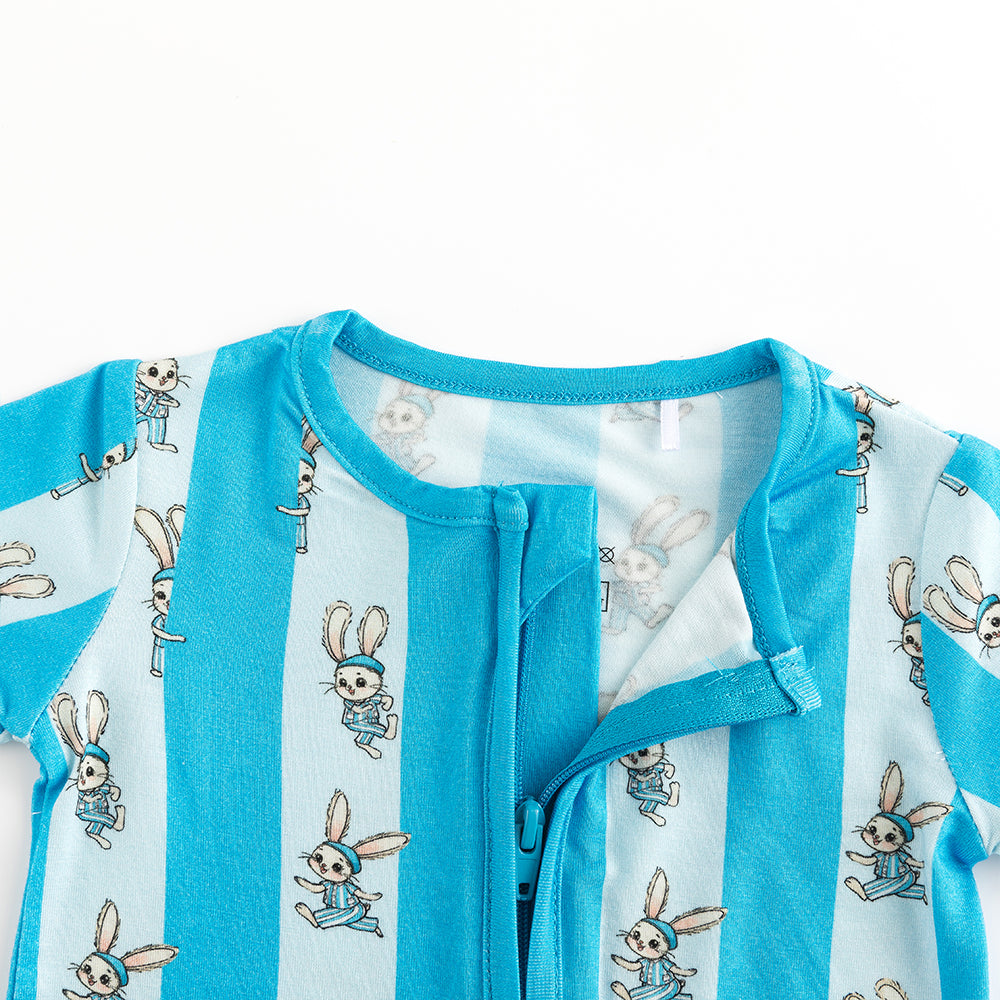 Striped Bunny Blue Short Bamboo Zippy Baby Romper