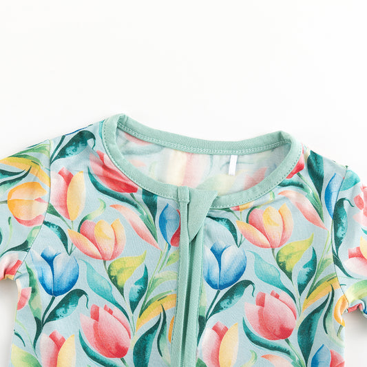 Colorful Flowers Short Bamboo Zippy Baby Romper bamboo clothing design - baby apparel bamboo clothing with custom design - baby wear front view