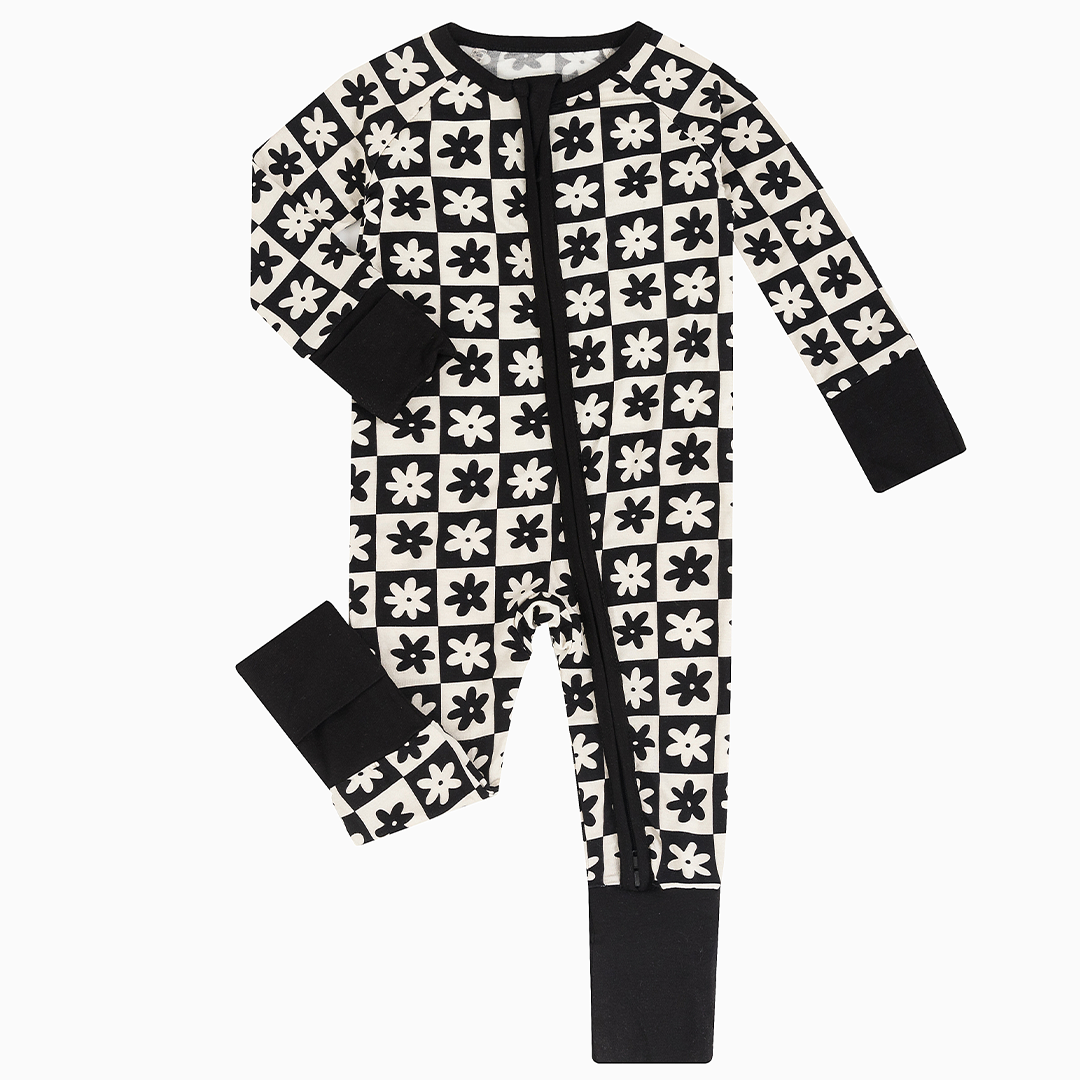 Checkerboard Flower Bamboo Zipper Baby Long Sleeve Romper