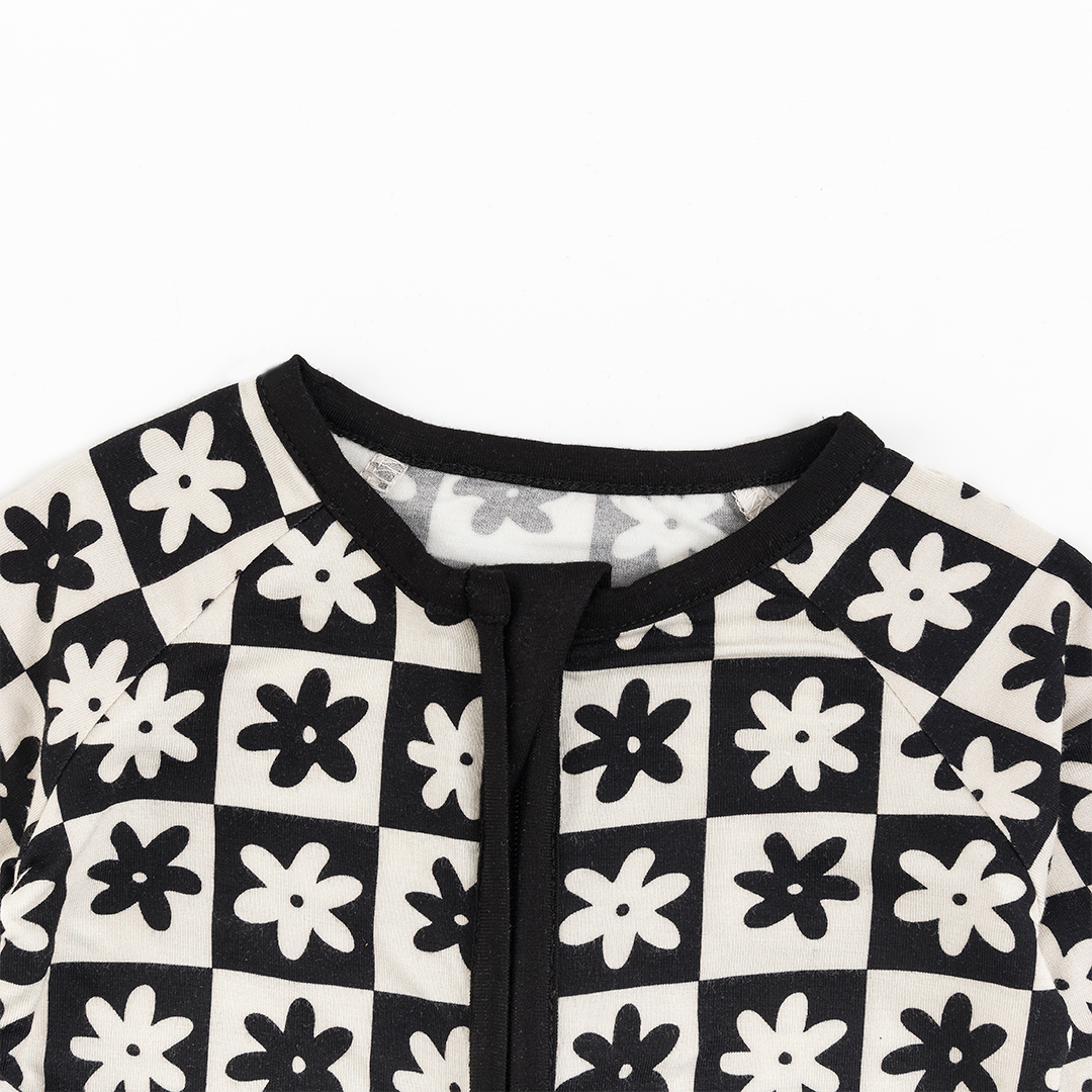Checkerboard Flower Bamboo Zipper Baby Long Sleeve Romper