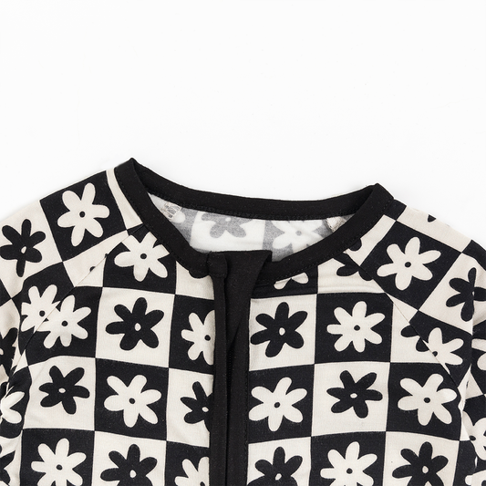 Miozing Babys Checkerboard Flower Pattern Comfy Zip Up Long Sleeve Romper bamboo clothing design - baby apparel bamboo clothing with custom design - baby wear front view