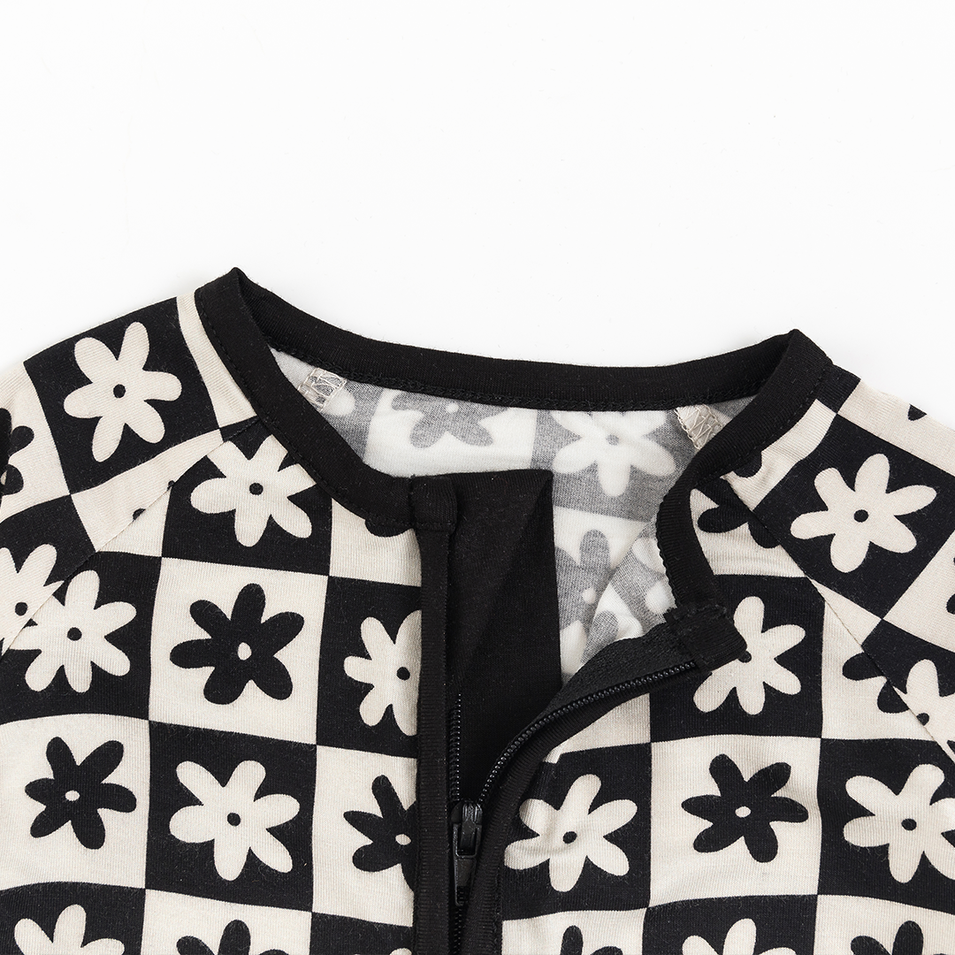 Checkerboard Flower Bamboo Zipper Baby Long Sleeve Romper