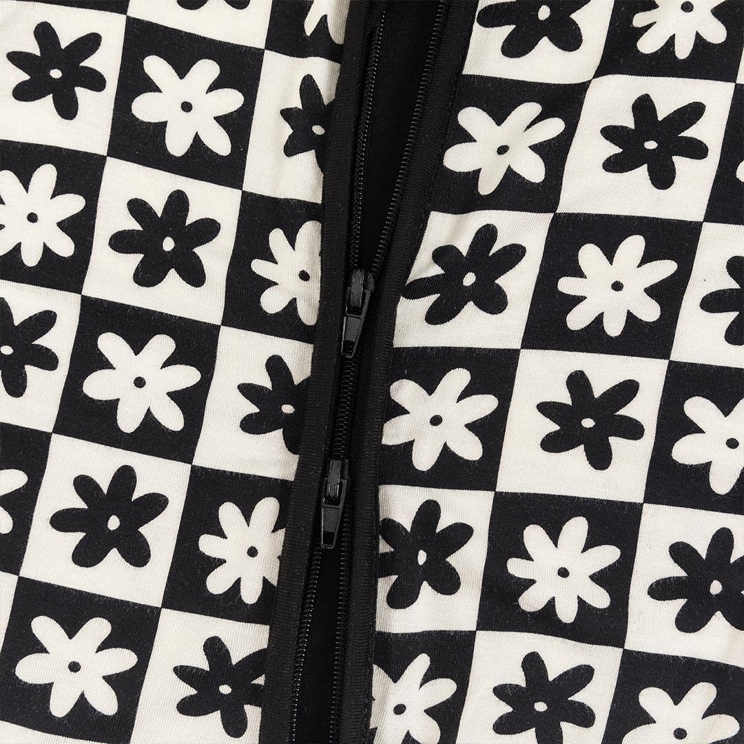 Checkerboard Flower Bamboo Zipper Baby Long Sleeve Romper