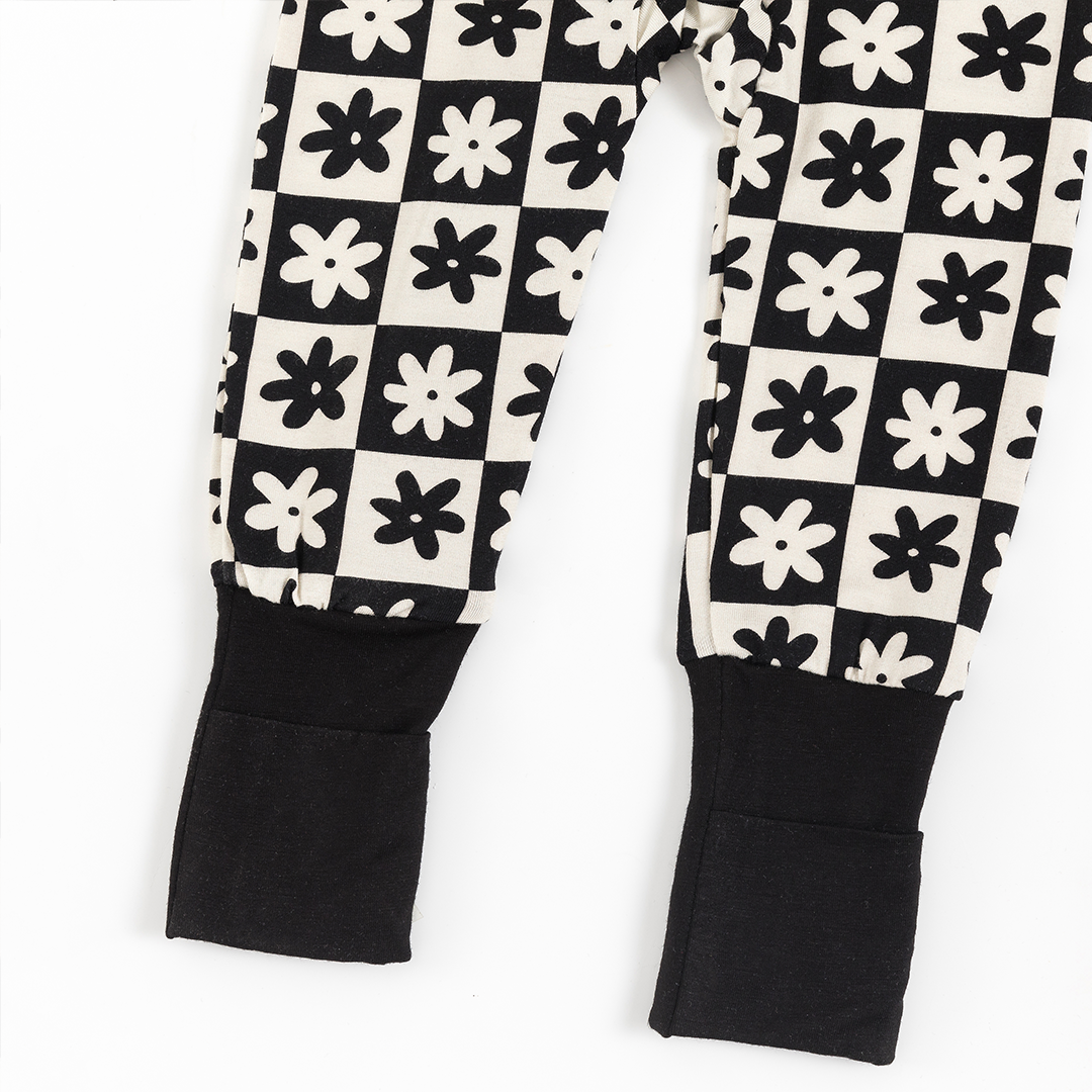 Checkerboard Flower Bamboo Zipper Baby Long Sleeve Romper