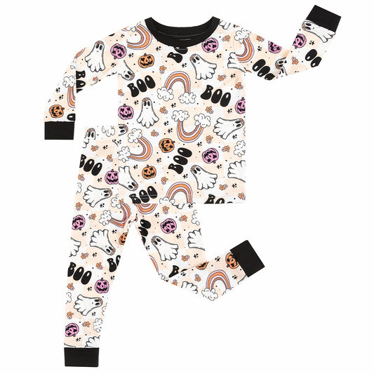 Halloween Pumpkin Ghost Rainbow Bamboo Long Sleeve Pajama Set - Image 2 - MIOZING