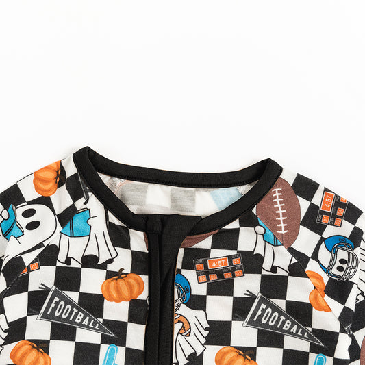 Halloween Ghost Football Baby Bamboo Zipper Romper Pajamas bamboo clothing design - baby apparel bamboo clothing with custom design - baby wear front view