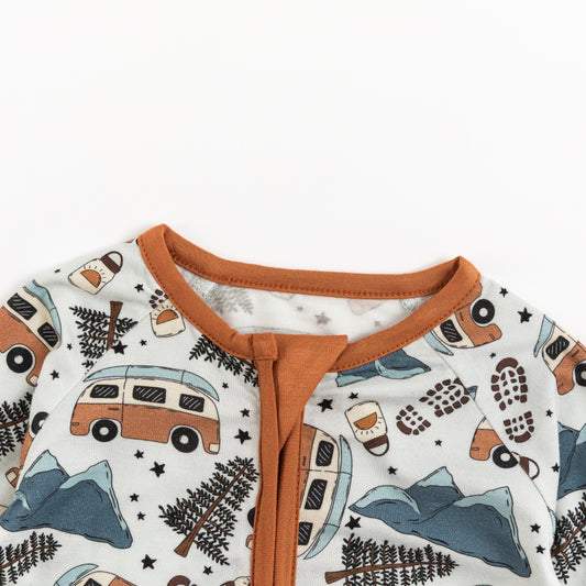 Christmas Retro Camper Van Print Baby Bamboo Zipper Romper Pajamas bamboo clothing design - baby apparel bamboo clothing with custom design - baby wear front view