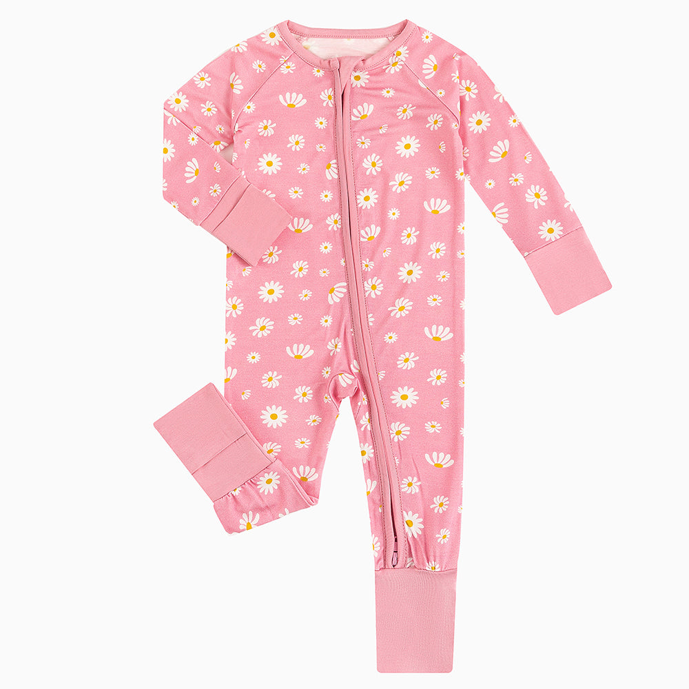 Pink Daisy Baby Bamboo Zipper Romper Pajamas