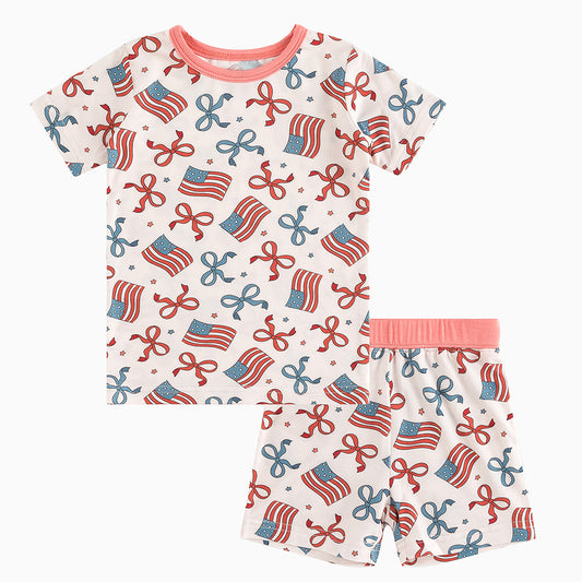 4th of July Bow Flag Bamboo Summer Pajama Shorts Set - MIOZING bamboo baby clothes