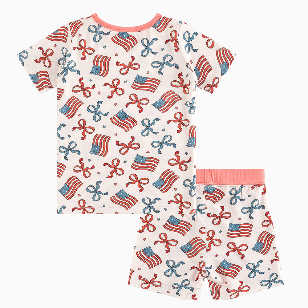 4th of July Bow Flag Bamboo Summer Pajama Shorts Set