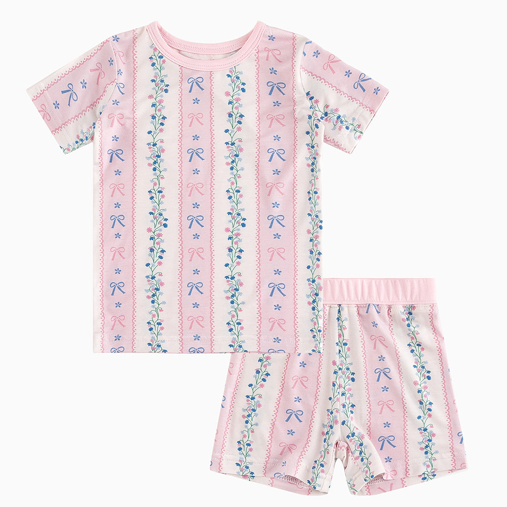 Pink Flower Bow Bamboo Summer Pajama Shorts Set