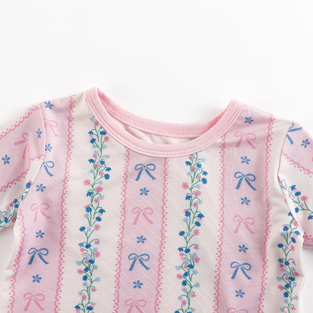 Pink Flower Bow Bamboo Summer Pajama Shorts Set
