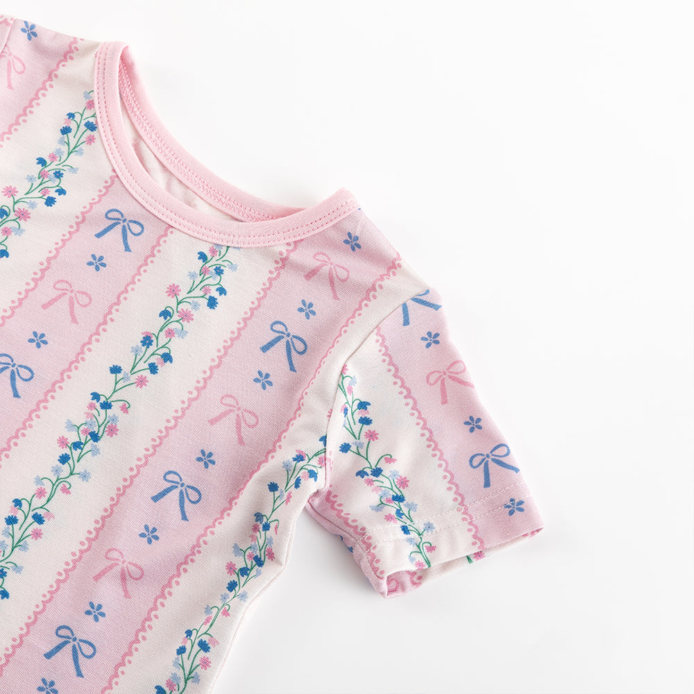 Pink Flower Bow Bamboo Summer Pajama Shorts Set