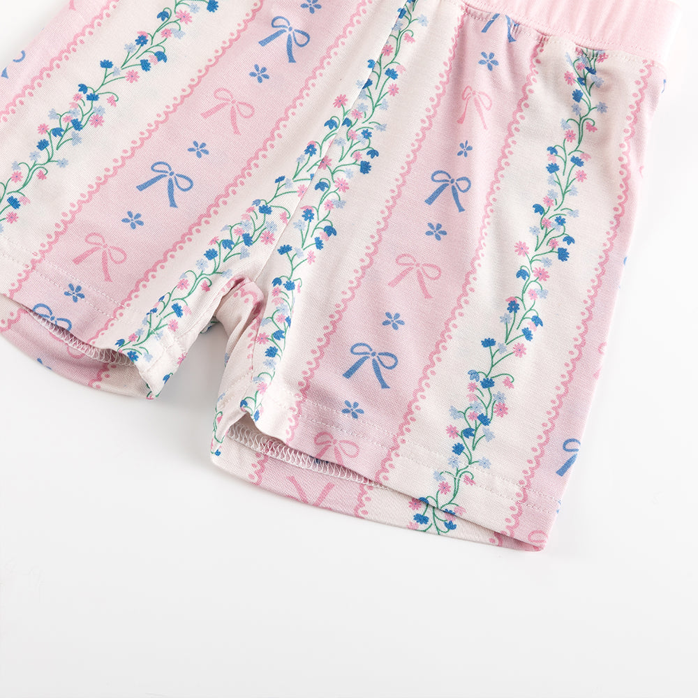 Pink Flower Bow Bamboo Summer Pajama Shorts Set