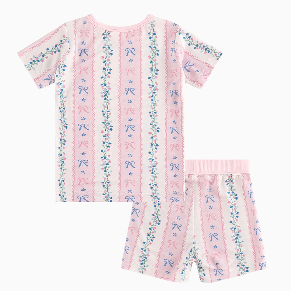 Pink Flower Bow Bamboo Summer Pajama Shorts Set