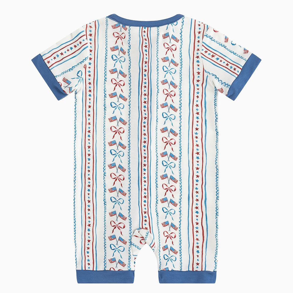 4th of July Bow Flag Blue Bamboo Short Bamboo Zippy Baby Romper