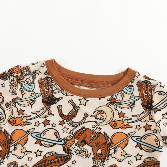 Brown Bull Head Print Kids Bamboo Two Piece Pajama Set bamboo clothing design - baby apparel bamboo clothing with custom design - baby wear front view