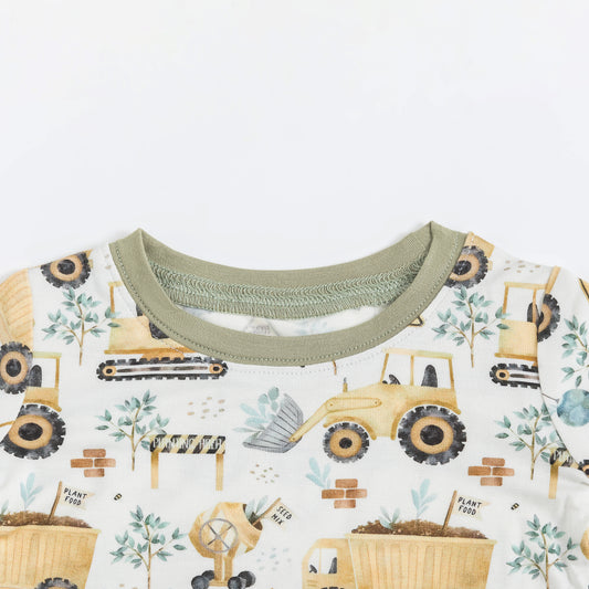 Yellow Construction Vehicle Kids Bamboo Two Piece Pajama Set bamboo clothing design - baby apparel bamboo clothing with custom design - baby wear front view