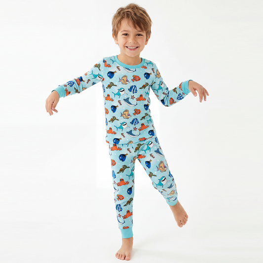 Marine Life Fish Turtle Bamboo Long Sleeve Pajama Set bamboo clothing design - baby apparel bamboo clothing with custom design - baby wear front view
