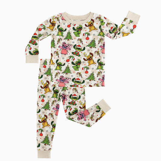 Christmas Alien Friends Checkerboard Kids Bamboo Two Piece Pajama Set bamboo clothing design - baby apparel bamboo clothing with custom design - baby wear front view