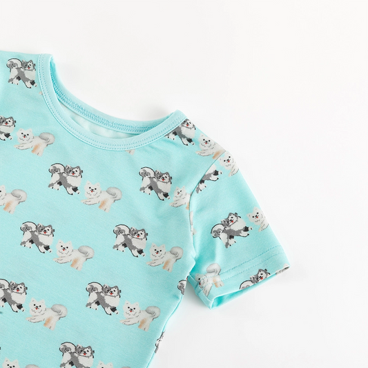 Cute Puppy Blue Bamboo Shorts Kids Pajama Sets bamboo clothing design - baby apparel bamboo clothing with custom design - baby wear front view
