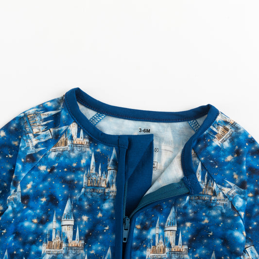 Dark Blue Castle Baby Zip Up Romper bamboo clothing design - baby apparel bamboo clothing with custom design - baby wear front view