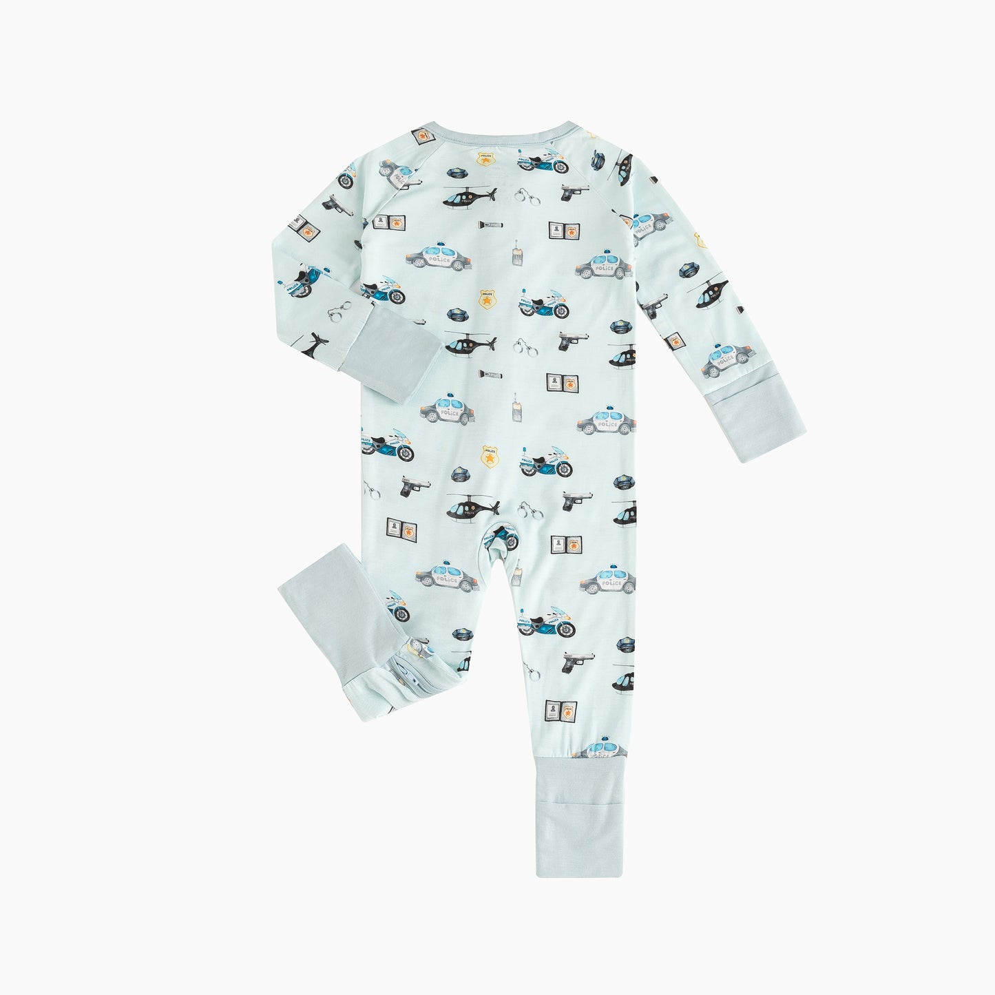 Light Blue Cartoon Police Print Baby Bamboo Zip-Up Romper