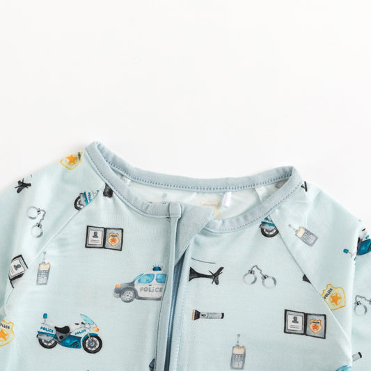Light Blue Cartoon Police Print Baby Cotton Zip Up Romper bamboo clothing design - baby apparel bamboo clothing with custom design - baby wear front view