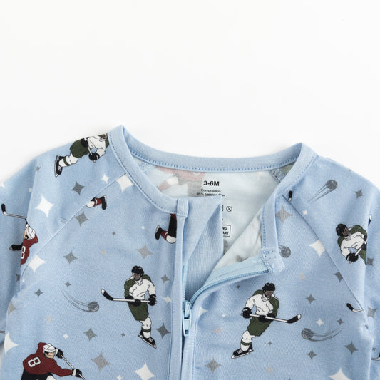 Grey Blue Cartoon Hockey Players Baby Zip Up Romper bamboo clothing design - baby apparel bamboo clothing with custom design - baby wear front view